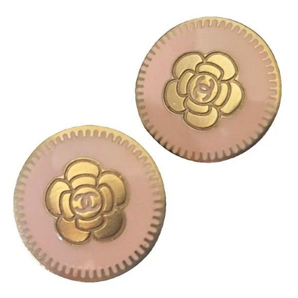 CHANEL Gold and Pink Camélia Clip On Earrings